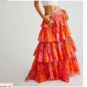 Free People Orange/Pink Floral Ruffle Floorlength Ruffle Maxi - M?L